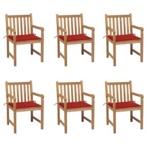 Záhradné stoličky 6 ks s červenými podložkami tíkový masív