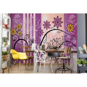 Fototapeta - Modern Floral Design With Swirls Purple And Yellow Vliesová tapeta - 254x184 cm