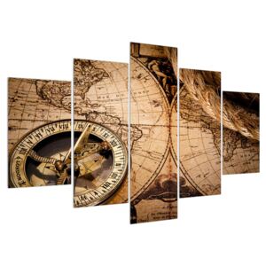 Historický obraz mapy sveta a kompasu (150x105 cm)