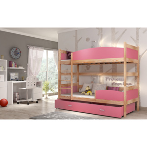 Detská poschodová posteľ so zábranou SWING, 190x90 cm, borovica/ružový