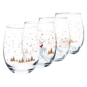 Poháre, set 4 ks, 600 ml, číre so zlatou potlačou, zimný motív, QUATRO AMIGOS