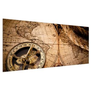 Historický obraz mapy sveta a kompasu (120x50 cm)