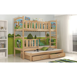 Detská poschodová posteľ DOBBY s obojstrannou potlačou + matrac + rošt ZADARMO, 184x80 cm, borovice/vzor dolná 31, horná 21