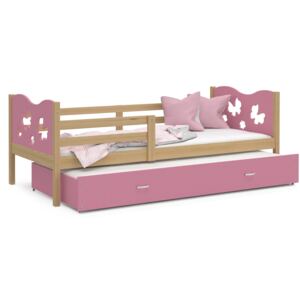 Detská posteľ s prístelkou MAX W - 190x80 cm - ružová / borovica - motýle