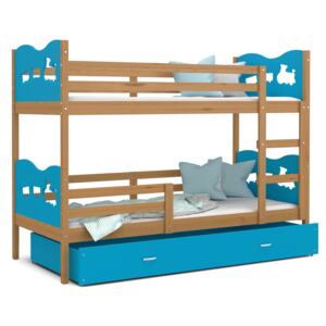 Detská poschodová posteľ so zásuvkou MAX R - 160x80 cm - modrá / jelša - vláčik