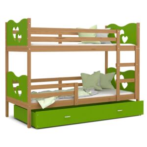 Detská poschodová posteľ so zásuvkou MAX R - 160x80 cm - zelená / jelša - srdiečka