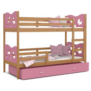 Detská poschodová posteľ so zásuvkou MAX R - 160x80 cm - ružová / jelša - motýle