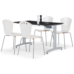 Jedálenská zostava: 1 stôl 1200x700 mm, čierna + 4 stoličky, biela