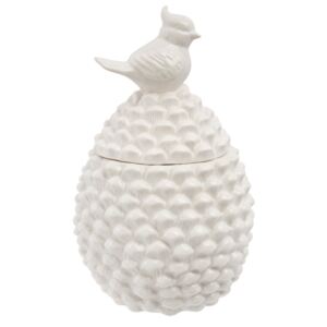 Biela porcelánová dóza šiška s vtáčikom - Ø 11 * 18 cm / 0.5 L