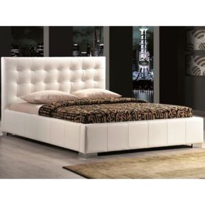 Posteľ CALAMA biela (Moderná manželská drevená posteľ potiahnutá ekokožou)