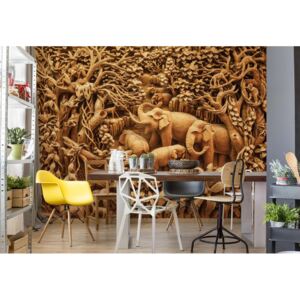 Fototapeta - 3D Carved Wood Jungle Elephants Sepia Vliesová tapeta - 254x184 cm