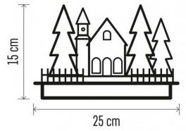 LED dekorácia drevená – zasnežený kostol, 15 cm, 2x AA, vnútorná, teplá biela, časovač