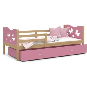 Detská posteľ so zásuvkou MAX S - 160x80 cm - ružová / borovica - motýle