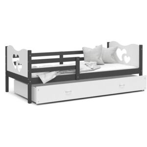 Detská posteľ so zásuvkou MAX S - 190x80 cm - bielo-sivá - srdiečka