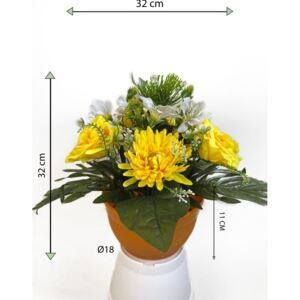 Dekorácia s umelou chryzantémou a ruží, žltá, 32 cm