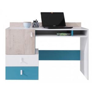 MBLR, PLUTO písací stôl, biely lesk/dub/modrá