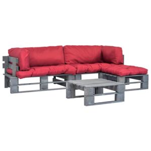 4-dielna záhradná drevená paletová sedacia súprava červeno sivá