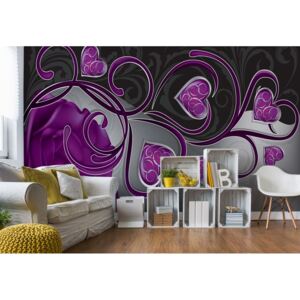 Fototapeta - Rose Hearts Purple Swirly Modern Design Vliesová tapeta - 416x254 cm