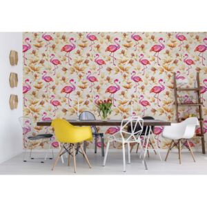 GLIX Fototapeta - Modern Tropical Flamingo Pattern Yellow Vliesová tapeta - 312x219 cm