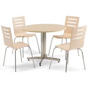 Jedálenská zostava 1x stôl Ø 900, breza / chróm, 4x stolička breza / chróm