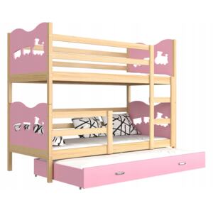 GL Detská poschodová posteľ Fox 3 s prístelkou 190x80 ružová Farba: Borovica, Motív: Vláčik