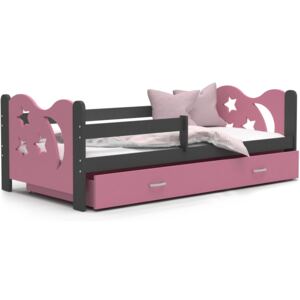 Detská posteľ so zásuvkou Mikoláš - 160x80 cm - ružovo-šedá - mesiac a hviezdičky