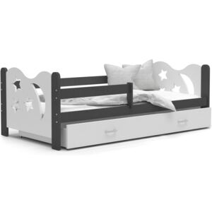 Detská posteľ so zásuvkou Mikoláš - 160x80 cm - bielo-sivá - mesiac a hviezdičky