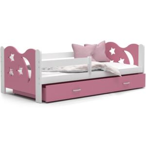 Detská posteľ so zásuvkou Mikoláš - 160x80 cm - ružovo-biela - mesiac a hviezdičky