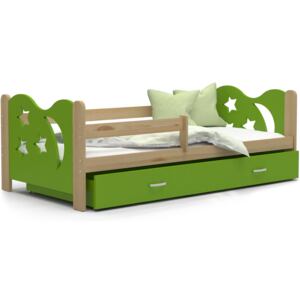 Detská posteľ so zásuvkou Mikoláš - 160x80 cm - zelená / borovica - mesiac a hviezdičky
