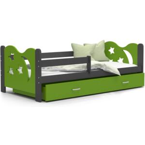 Detská posteľ so zásuvkou Mikoláš - 160x80 cm - zeleno-šedá - mesiac a hviezdičky