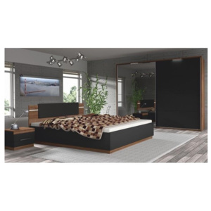 Spálňový komplet (skriňa+posteľ+2x nočný stolík), orech/čierna, DEGAS | TEMPO KONDELA