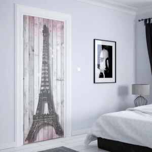 GLIX Fototapeta na dvere - Eiffel Tower Paris Pink Roses Flowers Vintage Wood Planks