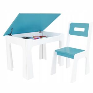 Detský stôl s úložným priestorom a stoličkou modro-biely