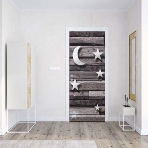 GLIX Fototapeta na dvere - 3D Stars And Moon Wood Plank Texture Grey