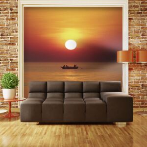 Bimago Fototapeta - Sunset with fishing boat 200x154 cm