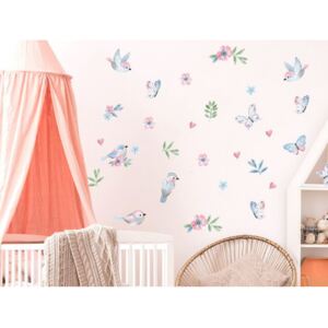 PASTELOWE LOVE Dekorácia na stenu ANIMALS Birds - Vtáčiky s motýlikmi - pink