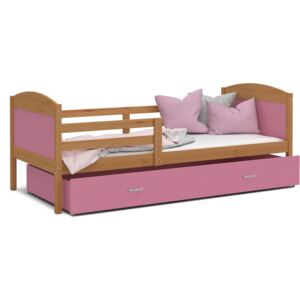 Detská posteľ so zásuvkou MATTEO - 190x80 cm - ružová / jelša