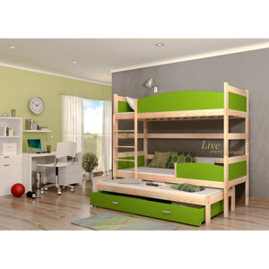 Detská poschodová posteľ s prístelkou SWING3, 190x90 cm, borovica/zelený