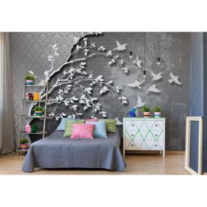 Fototapeta - Grey Birds And Tree Modern Illustration Vliesová tapeta - 254x184 cm