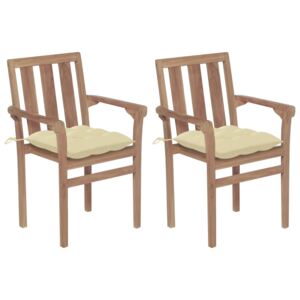 Záhradné stoličky 2 ks, krémovo biele podložky, tíkový masív