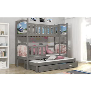 Detská poschodová posteľ DOBBY 3 color s obojstrannou potlačou + matrac + rošt ZADARMO, 184x80 cm, šedá/vzor dolná 08, horná 04