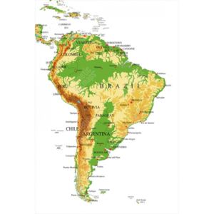 Magnetická mapa Južnej Ameriky, geografická, farebná (samolepiaca feretická fólia) 66 x 99 cm