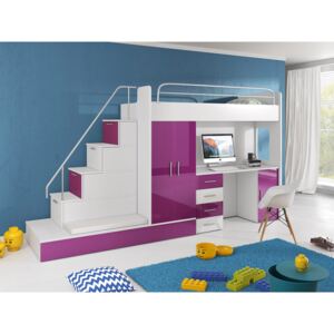 Detská multifunkčná posteľ Paradise 5, Farby: biela / biely lesk + fialový lesk