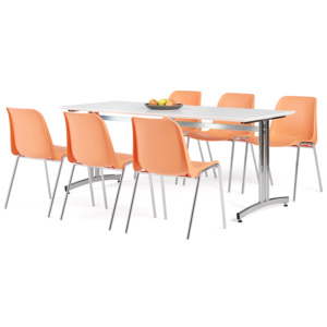 Jedálenská zostava 1x stôl Š 1800 x H 700, biela / chróm, 6x stolička oranž