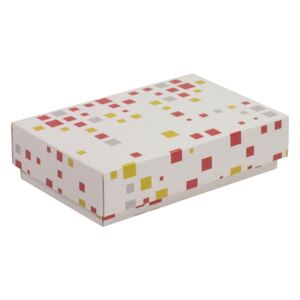 Darčeková krabička s vekom 200x125x50 mm, VZOR - KOCKY koralová/žltá
