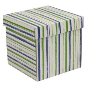 Darčeková krabička s vekom 200x200x200 mm, VZOR - PRUHY zelená/modrá