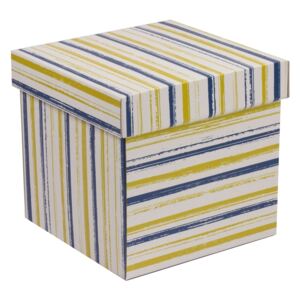 Darčeková krabička s vekom 200x200x200 mm, VZOR - PRUHY modrá/žltá