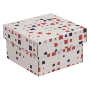 Darčeková krabička s vekom 150x150x100 mm, VZOR - KOCKY fialová/koralová