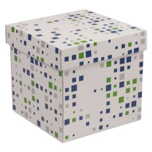 Darčeková krabička s vekom 200x200x200 mm, VZOR - KOCKY zelená/modrá