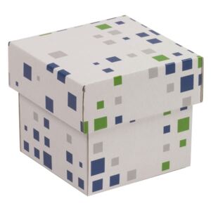 Darčeková krabička s vekom 100x100x50/40 mm, VZOR - KOCKY zelená/modrá